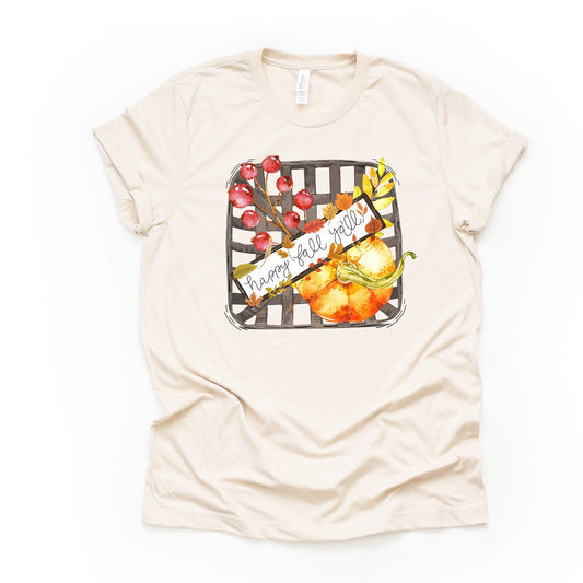 Fall Tee, Cute Fall Tobacco Basket with Pumpkins and Flowers Design on premium Bella + Canvas unisex shirt, 3 color choices, plus size