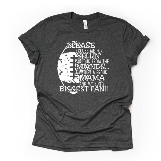 Football Tee, Proud Football Mama, Son's Biggest Fan, Football Mom Design on premium unisex shirt, 4 color choices, 3x, 4x football
