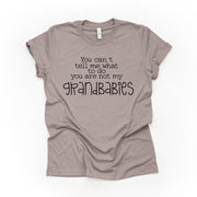 Funny Grandma Shirt, You Can't Tell Me What To Do, You Aren't My Grandbabies Design, on a premium unisex shirt, 4 color choices, 3x, 4x