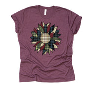 Fall Tee, Beautiful Fall Plaid Sunflower with Maroon, Olive and Blue Design on premium unisex shirt, 3 color choices, 3x fall, 4x fall