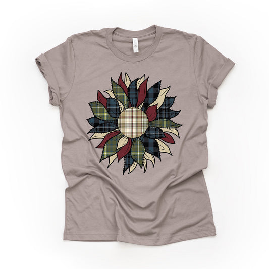 Fall Tee, Beautiful Fall Plaid Sunflower with Maroon, Olive and Blue Design on premium unisex shirt, 3 color choices, 3x fall, 4x fall