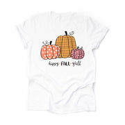 Cute Simple Pumpkins, Happy Fall Y'all, Plaid, Polka Dot & Pink Pumpkins Design on premium unisex shirt, 4 color choices, 3x fall, 4x fall