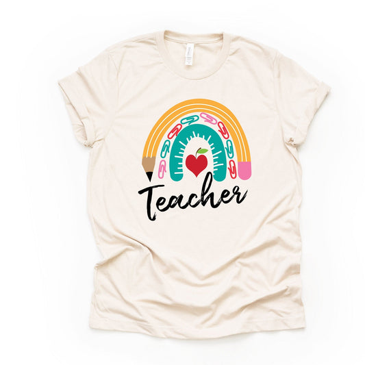 School Teacher Shirt, Super Cute Teacher Rainbow, Fun Teacher Design on premium Bella + Canvas unisex shirt, 3 color choices, plus size
