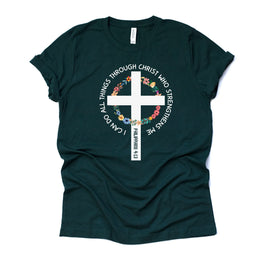 Christian Floral Cross, I Can Do All Things Through Christ, Phillipians 4:13 on premium unisex shirt, 3 color choices, 3x, 4x christian