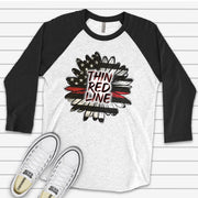 Support Firefighters Raglan, Firefighters Sunflower, Thin Red Line Sunflower Design on premium Raglan 3/4 sleeve shirt, plus size, 2X, 3X