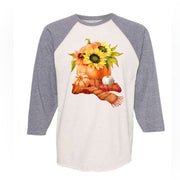 Fall Raglan, Pretty Fall Pumpkin with Sunflowers and Scarf Design on premium Raglan 3/4 sleeve shirt, plus size, 2X raglan, 3X raglan