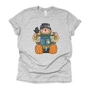 Fall Pumpkin Tee, Cute Fall Scarecrow with Black Crow and Pumpkins Design on premium unisex shirt, 4 color choices, 3x fall, 4x fall