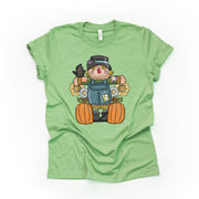 Fall Pumpkin Tee, Cute Fall Scarecrow with Black Crow and Pumpkins Design on premium unisex shirt, 4 color choices, 3x fall, 4x fall