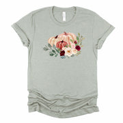Fall Pumpkin Tee, Pretty Fall Watercolor Pumpkin with Burgundy Flowers Design on premium unisex shirt, 4 color choices, 3x fall, 4x fall