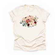 Fall Pumpkin Tee, Pretty Fall Watercolor Pumpkin with Burgundy Flowers Design on premium unisex shirt, 4 color choices, 3x fall, 4x fall