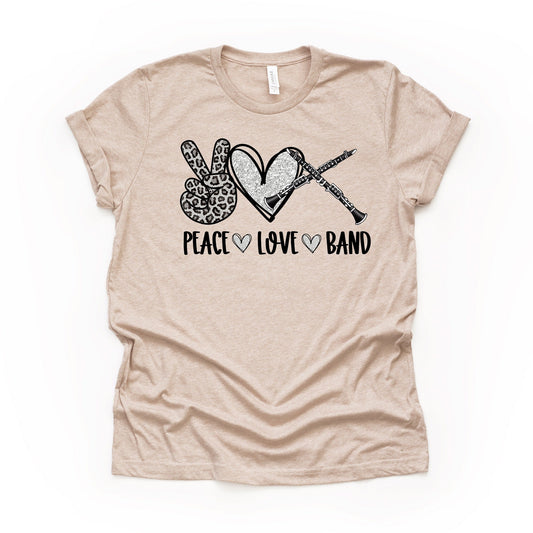 Marching Band, Peace, Love, Band, Band Clarinet Design on premium Bella + Canvas unisex shirt, 3 color choices, 3x band mom, 4x band mom