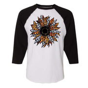 Fall Sunflower Raglan, Black and White Plaid & Cheetah Sunflower Design on premium Raglan 3/4 sleeve shirt, plus size, 2X raglan, 3X raglan
