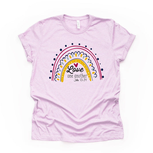 Christian Tee, Love One Another Rainbow, Boho Rainbow Design on premium unisex shirt, 3 color choices, 3x, 4x, plus sizes available
