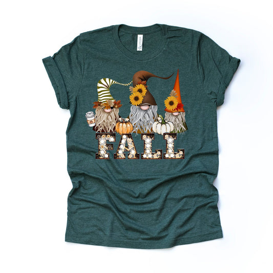 Fall Shirt, Cute Trio of Fall Gnomes with Fall Metal Marquee Sign Design on premium Bella + Canvas unisex shirt, 3 color choices, plus size