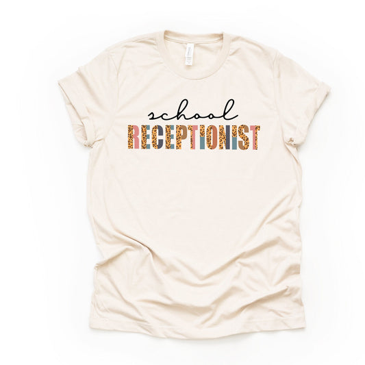 School Receptionist Shirt, Cute School Receptionist Leopard Print Design on premium Bella + Canvas unisex shirt, 3 colors, plus size