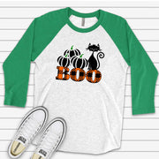 Halloween Raglan, Super Cute Black Cat on Orange Plaid Pumpkin BOO Design on premium Raglan 3/4 sleeve shirt, plus size, 2X, 3X