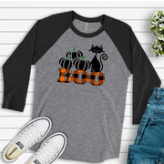 Halloween Raglan, Super Cute Black Cat on Orange Plaid Pumpkin BOO Design on premium Raglan 3/4 sleeve shirt, plus size, 2X, 3X