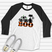 Halloween Raglan, Super Cute Black Cat on Orange Plaid Pumpkin BOO Design on premium Raglan 3/4 sleeve shirt, plus size, 2X, 3X