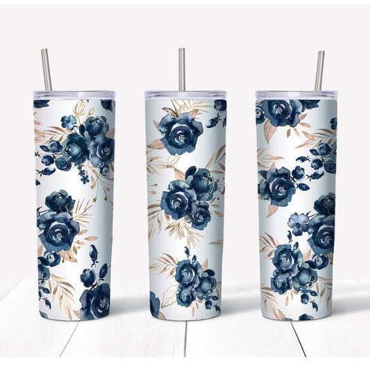 20 oz Skinny Tumbler, Pretty Blue Flowers on Skinny Tumbler, Floral Tumbler, Gift for Mom, 20 oz Stainless Steel Tumbler