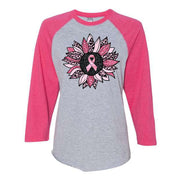 Breast Cancer Awareness, Beautiful Pink Sunflower, Pink Ribbon Design on premium Raglan 3/4 sleeve shirt, plus size, 2X raglan, 3X raglan