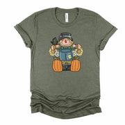 Fall Pumpkin Tee, Cute Fall Scarecrow with Black Crow and Pumpkins Design on premium unisex shirt, 4 color choices, 3x fall, 4x fall