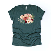 Fall Pumpkin Tee, Pretty Fall Watercolor Pumpkin with Burgundy Flowers Design on premium unisex shirt, 4 color choices, 3x fall, 4x fall