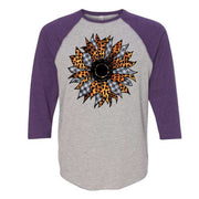 Fall Sunflower Raglan, Black and White Plaid & Cheetah Sunflower Design on premium Raglan 3/4 sleeve shirt, plus size, 2X raglan, 3X raglan