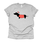 Christmas Dog Tee, Cute Dachshund with Christmas Sweater and Santa Hat, premium unisex shirt, 3 color choices, 3x christmas, 4x christrmas