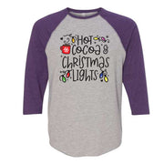 Christmas Raglan, Hot Cocoa & Christmas Lights, Fun Christmas Design on premium Raglan 3/4 sleeve shirt, plus size, 2X raglan, 3X raglan