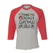 Christmas Raglan, Hot Cocoa & Christmas Lights, Fun Christmas Design on premium Raglan 3/4 sleeve shirt, plus size, 2X raglan, 3X raglan