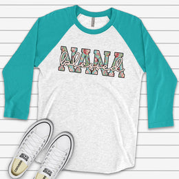 Nana Raglan, Pretty Floral Blessed Nana, Pretty Grandma Floral with Blessed Design on premium Raglan 3/4 sleeve shirt, plus size, 2X, 3X