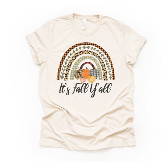 Fall Shirt, Cute Fall Rainbow, It's Fall Y'all, Plaid Pumpkins Design on premium Bella + Canvas unisex shirt, 3 color choices, plus size