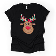 Christmas Tee, Super Cute Red Nose Reindeer with Polka Dot Antlers, Reindeer Design on premium cotton unisex shirt, plus sizes, 2x, 3x, 4x