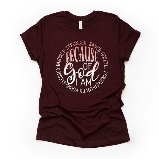 Christian Tee, Because of God I Am, God Saved Me, Forgiven and Blessed, Stronger design on premium unisex shirt, 2 color choices, plus size