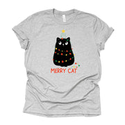 Christmas Tee, Cute Black Christmas Cat with Lights, Merry Cat Design on premium unisex shirt, 3 color choices, plus sizes, 3x, 4x christmas