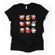 Christmas Tee, Cute Christmas Cats in Cups, Cats in Mugs Design on premium unisex shirt, 3 color choices, plus sizes, 3x, 4x christmas