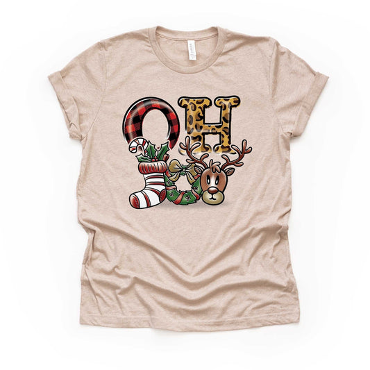 Christmas Tee, Cute Oh Joy Christmas with Reindeer and Stocking Design, premium unisex shirt, 3 color choices, plus size, 3x, 4x christmas