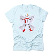 Christmas Tee, Snowman Making Snow Angels, Cute Snow Angel Design, premium unisex shirt, 3 color choices, plus size, 3x, 4X Christmas