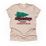 Retro Station Wagon with Christmas Tree, Plaid Car with Tree Design, premium unisex shirt, 3 color choices, plus size, 3x, 4X Christmas