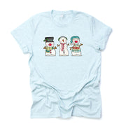 Christmas and Winter Tee, Cute Trio of Snowmen, Three Adorable Snowmen Design on premium cotton unisex shirt, plus sizes, 2x, 3x, 4x