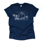 Christian Christmas Tee, Glory To The Newborn King, Birth of Jesus, Manger Scene Design, premium cotton unisex shirt, plus sizes, 2x, 3x, 4x