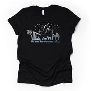 Christian Christmas Tee, Glory To The Newborn King, Birth of Jesus, Manger Scene Design, premium cotton unisex shirt, plus sizes, 2x, 3x, 4x