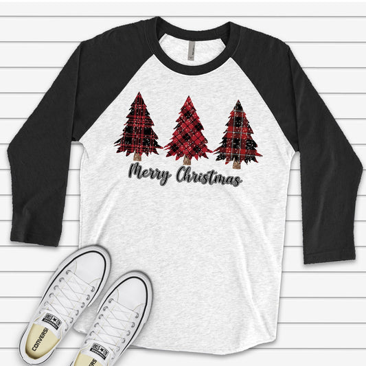 Christmas Raglan, Cute Red Buffalo Christmas Trees in Snow, Christmas Trees Design on premium Raglan 3/4 sleeve shirt, plus size, 2X, 3X
