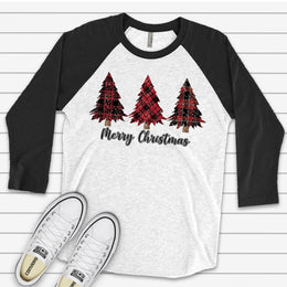 Christmas Raglan, Cute Red Buffalo Christmas Trees in Snow, Christmas Trees Design on premium Raglan 3/4 sleeve shirt, plus size, 2X, 3X