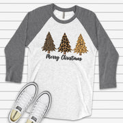 Christmas Raglan, Cute Leopard Print Christmas Trees in Snow, Christmas Trees Design on premium Raglan 3/4 sleeve shirt, plus size, 2X, 3X