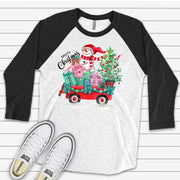 Christmas Raglan, Cute Snowman in A Wagon, Snowman and Christmas Tree Design on premium Raglan 3/4 sleeve shirt, plus size, 2X, 3X
