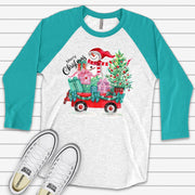 Christmas Raglan, Cute Snowman in A Wagon, Snowman and Christmas Tree Design on premium Raglan 3/4 sleeve shirt, plus size, 2X, 3X