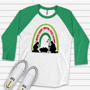 Christmas Raglan, Manger Scene Rainbow, Cute Christmas Rainbow with Baby Jesus Design on premium Raglan 3/4 sleeve shirt, plus size, 2X, 3X