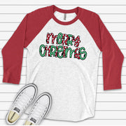 Christmas Raglan, Fun Polka Dot Merry Christmas Word Art, Merry Christmas Design on premium Raglan 3/4 sleeve shirt, plus size, 2X, 3X