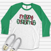 Christmas Raglan, Fun Polka Dot Merry Christmas Word Art, Merry Christmas Design on premium Raglan 3/4 sleeve shirt, plus size, 2X, 3X